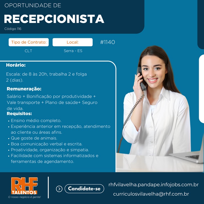 VAGA DE RECEPCIONISTA