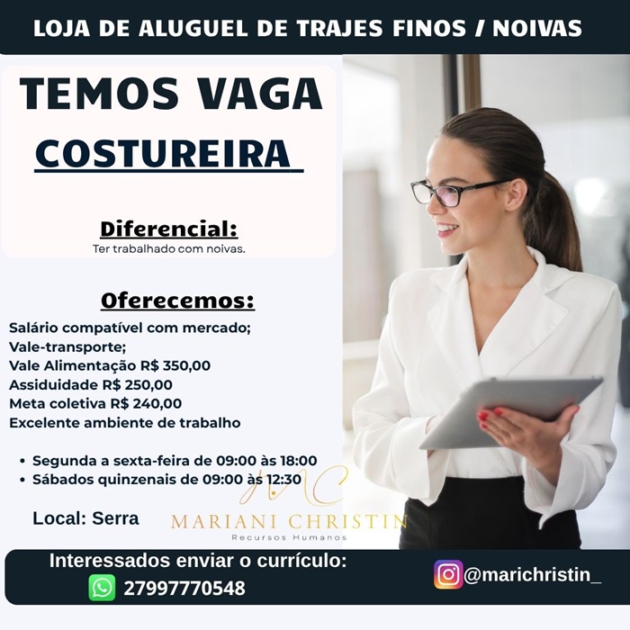 Vaga para Costureira (Trajes Finos e Noivas)
