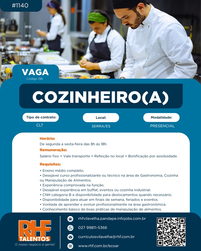 VAGA PARA COZINHEIRO(A)