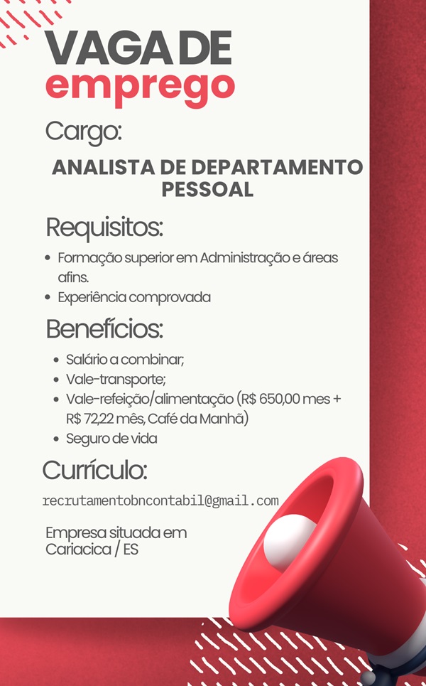 ANALISTA DE DEPARTAMENTO PESSOAL - CARIACICA