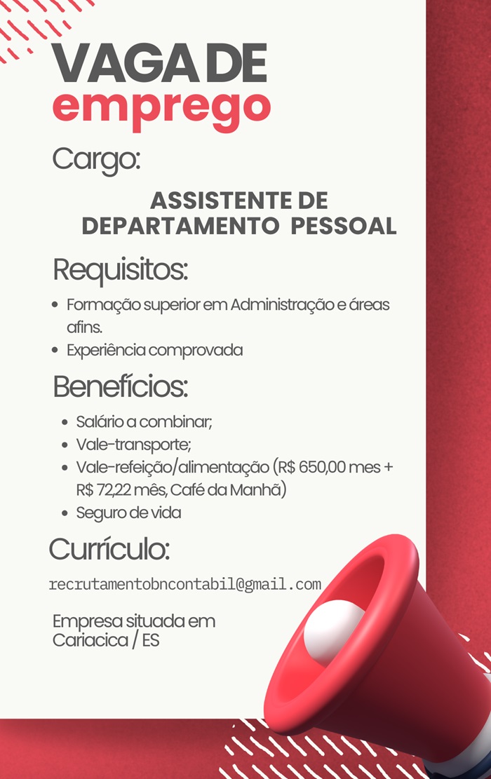 ASSISTENTE DE DEPARTAMENTO PESSOAL - CARIACICA