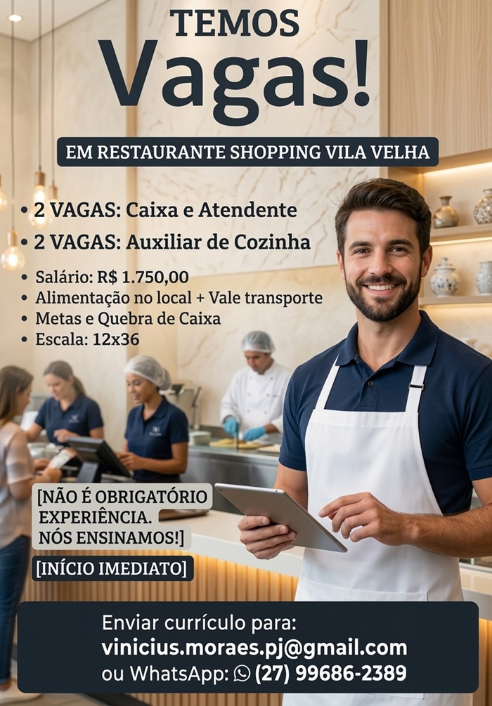 Restaurante contrata Caixa / Atendente e Auxiliar de Cozinha 