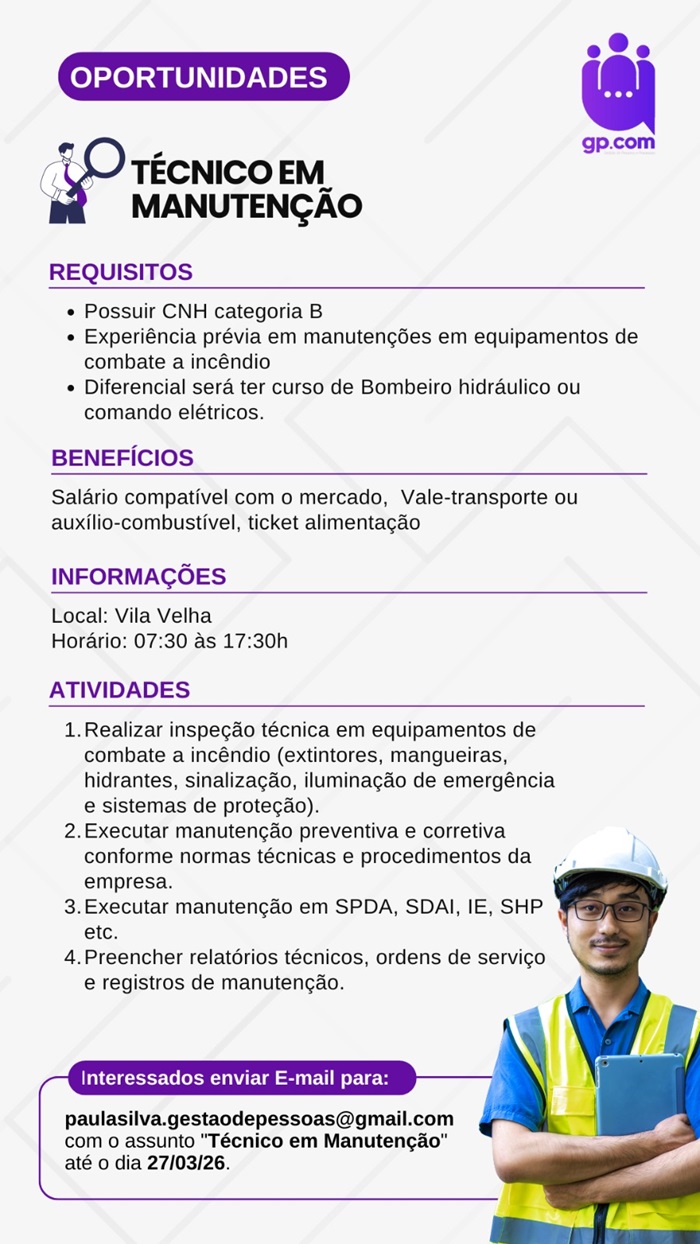 Vaga para Técnico em Manutenção