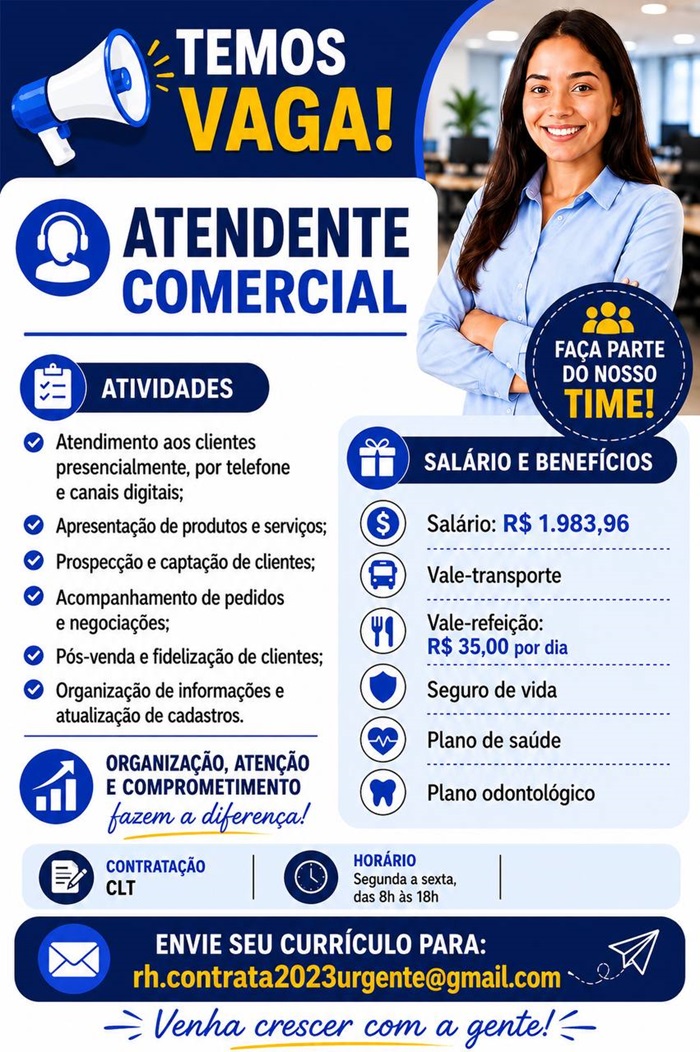 Vaga para Atendente Comercial