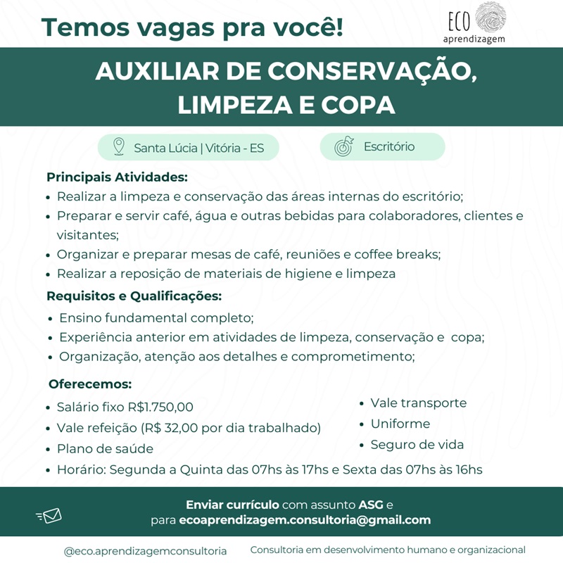 Vaga para Auxiliar de Conservação, Limpeza e Copa