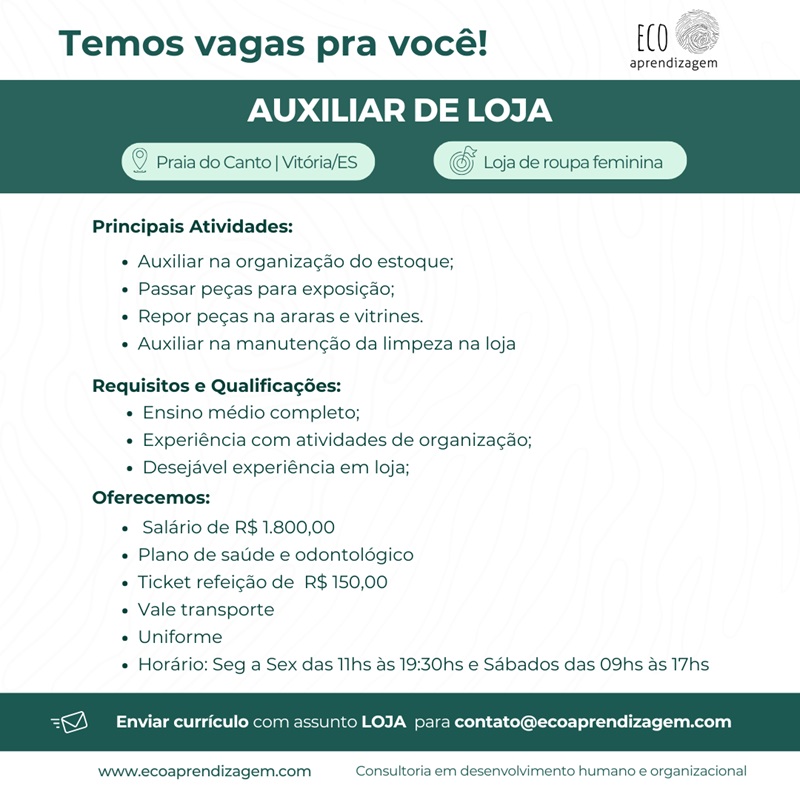 Auxiliar de Loja (loja de roupa feminina, Praia do Canto em Vitória)