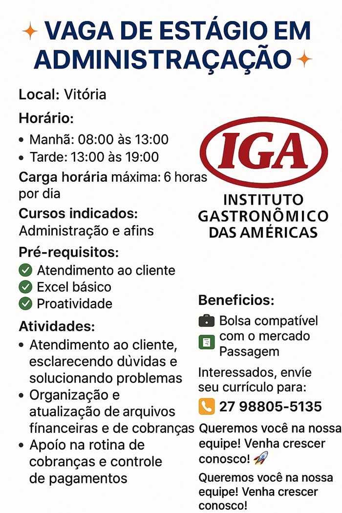 VAGA DE ESTÁGIO EM ADMINISTRAÇÃO