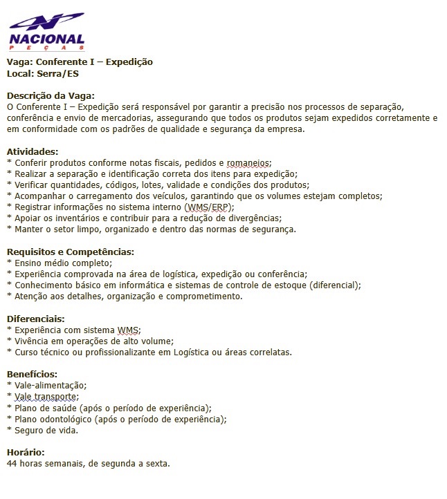 Vaga para Conferente I - Expedição (Nacional Peças)