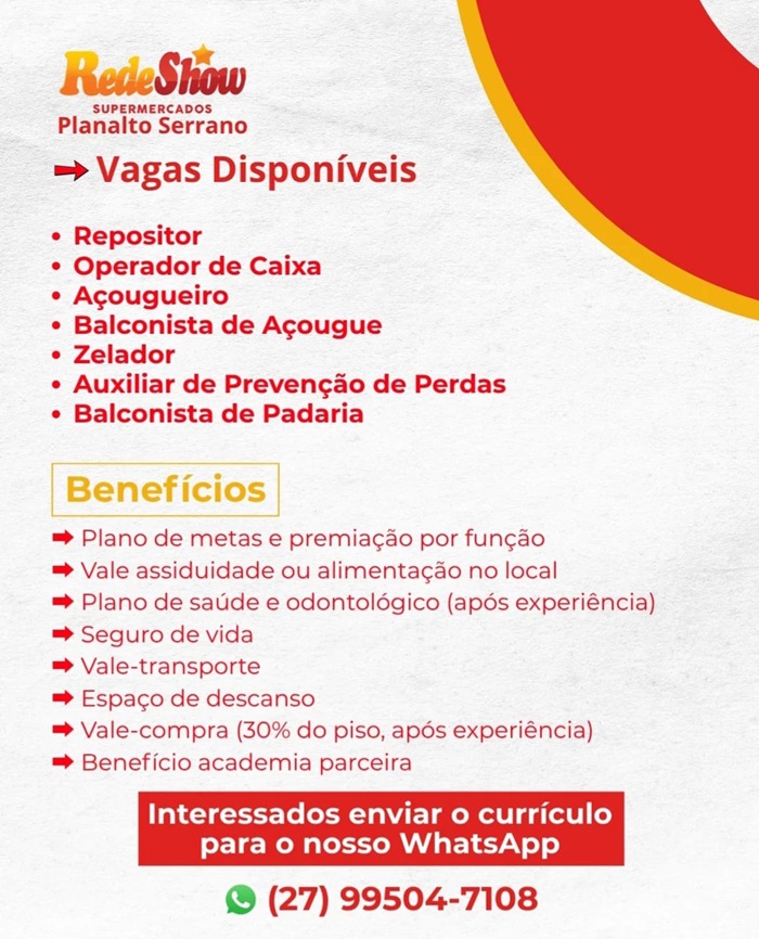 RedeShow Supermercados abre diversas vagas de Emprego