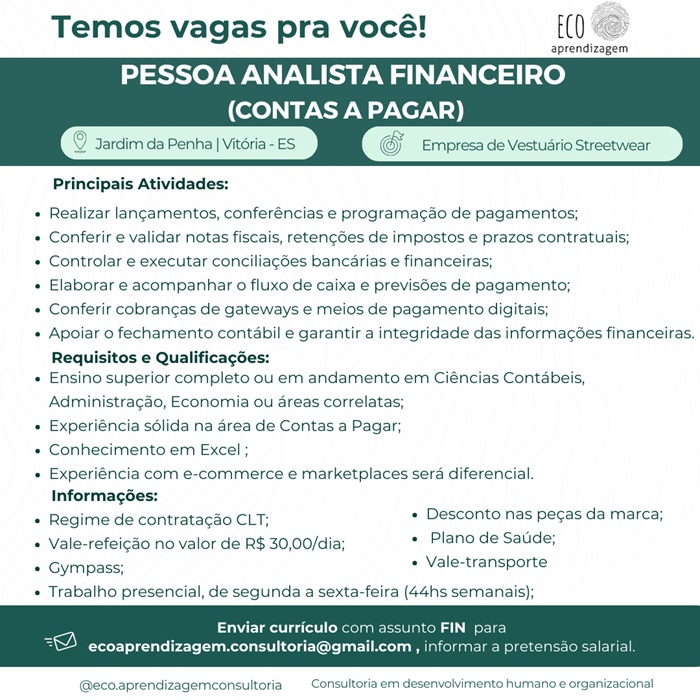 Vaga para Analista Financeiro (contas a pagar)