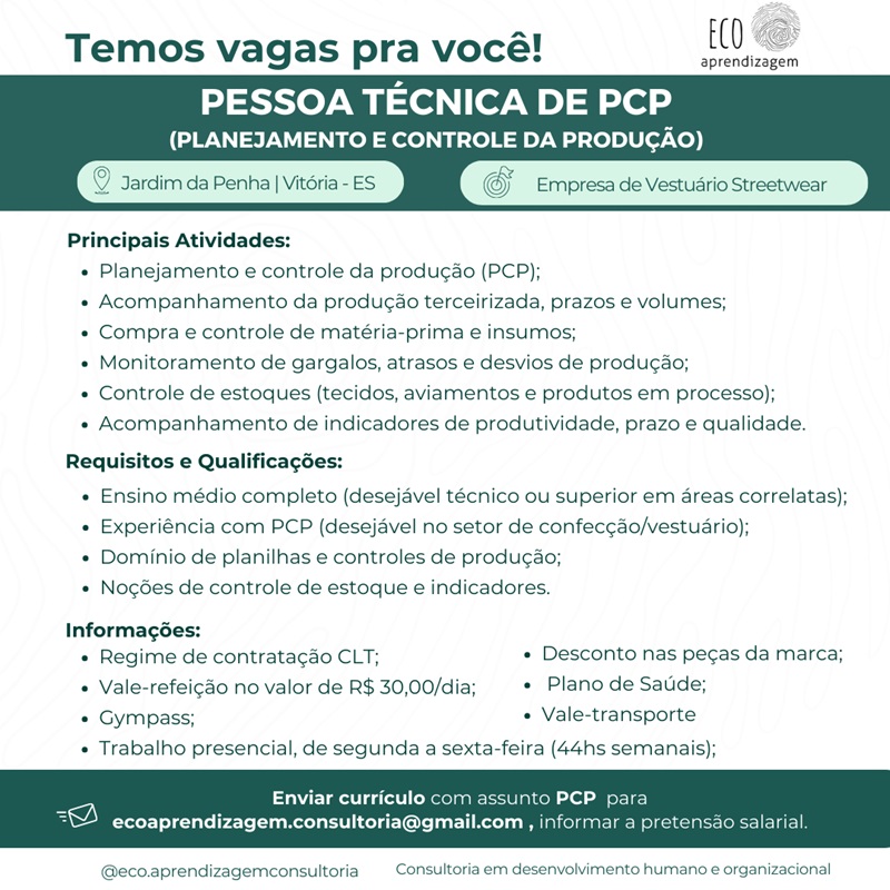 Vaga para Técnico de PCP (Planejamento e Controle da Produção)
