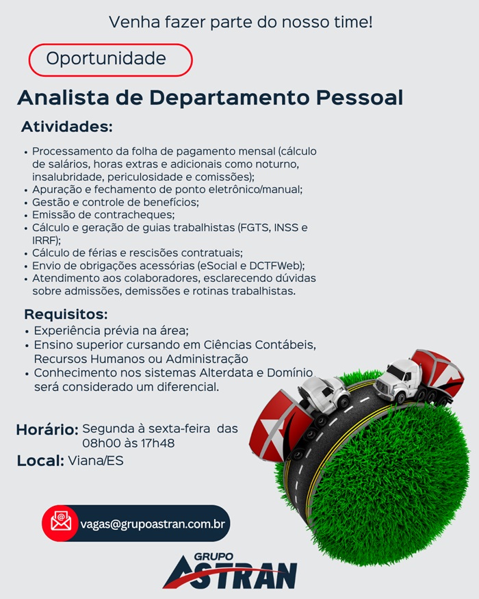 Grupo Astran contrata Analista de Departamento Pessoal