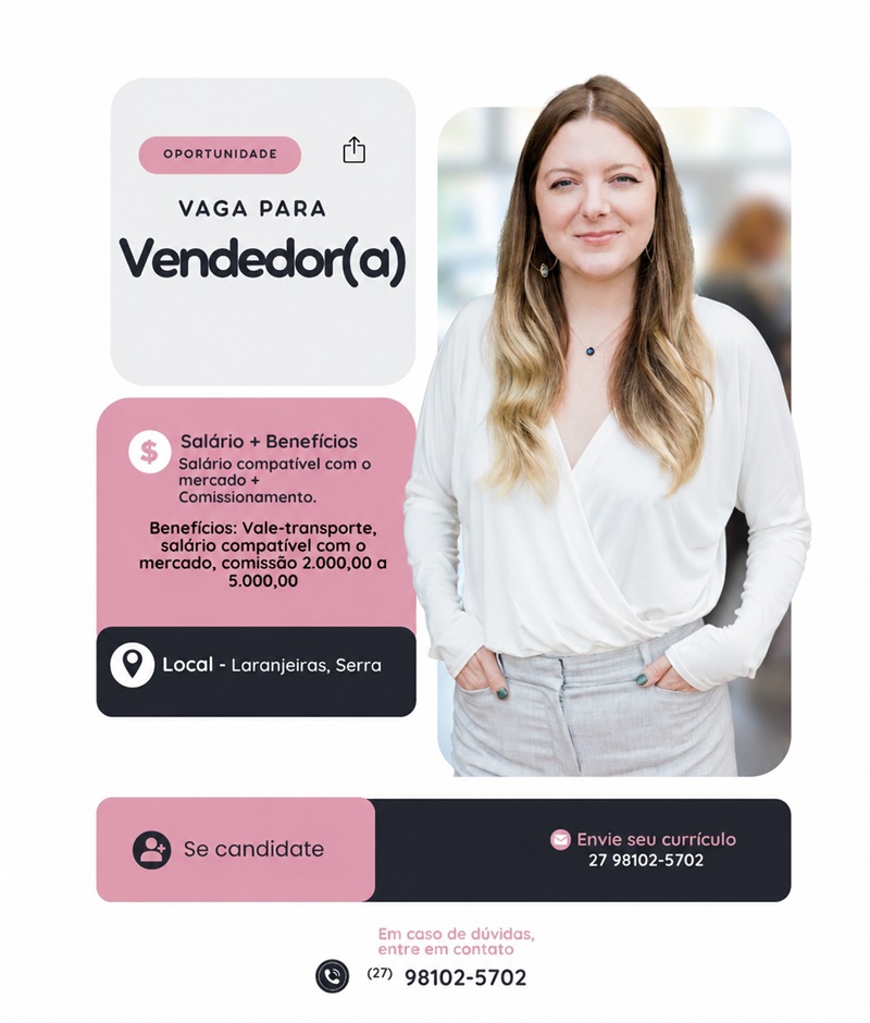 Vaga para Vendedor(a) – Laranjeiras, Serra/ES