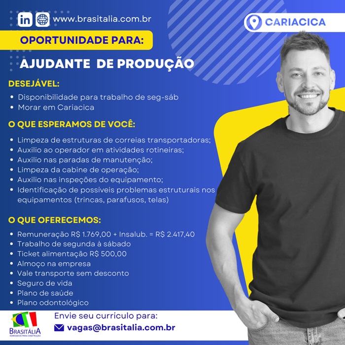 BRASITALIA CONTRATA AJUDANTE DE PRODUÇÃO