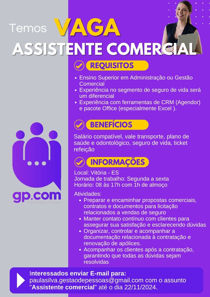 VAGA DE ASSISTENTE COMERCIAL