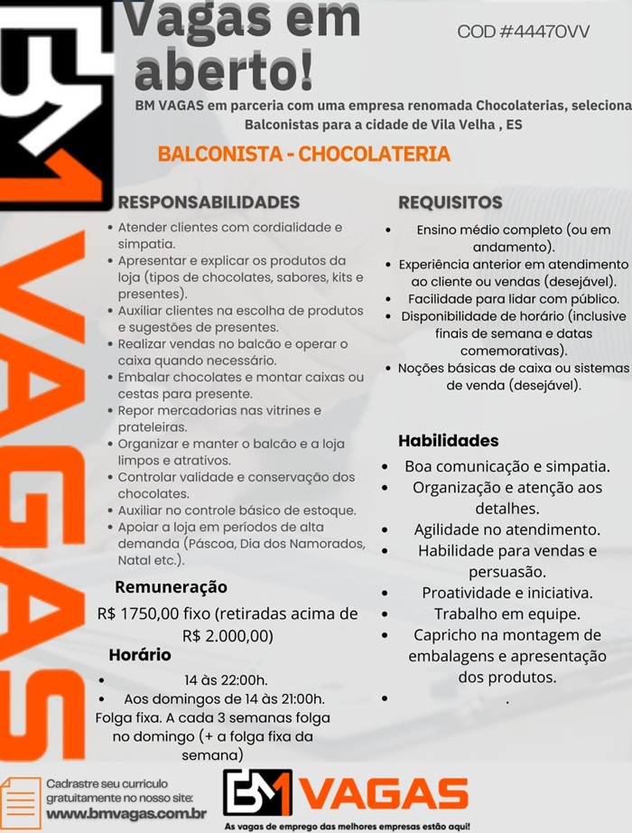 VAGA DE BALCONISTA - CHOCOLATERIA