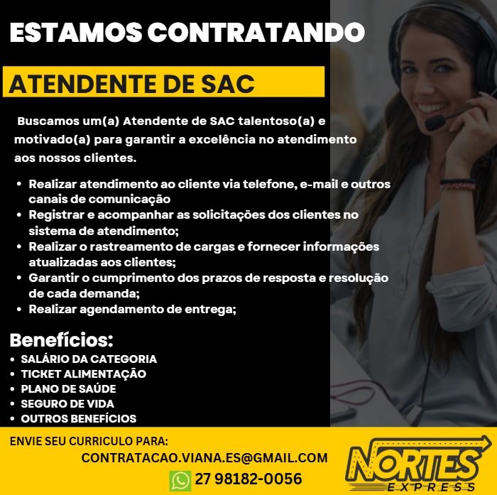 Vaga para Atendente de SAC