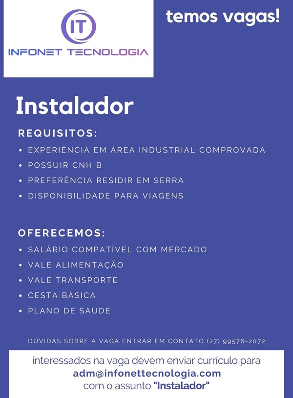 INFONET TECNOLOGIA CONTRATA INSTALADOR