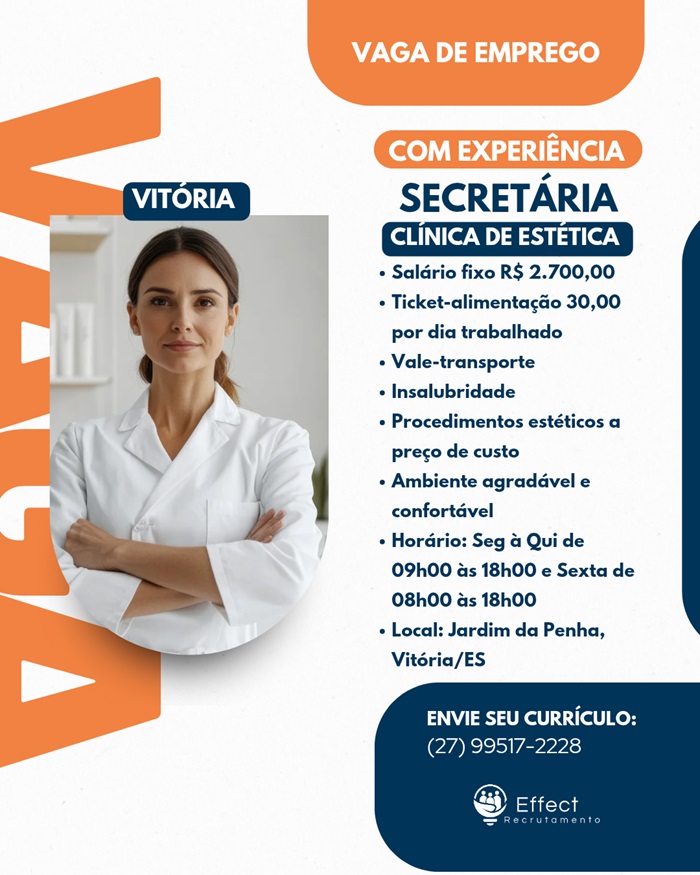 CLÍNICA DE ESTÉTICA CONTRATA SECRETÁRIA
