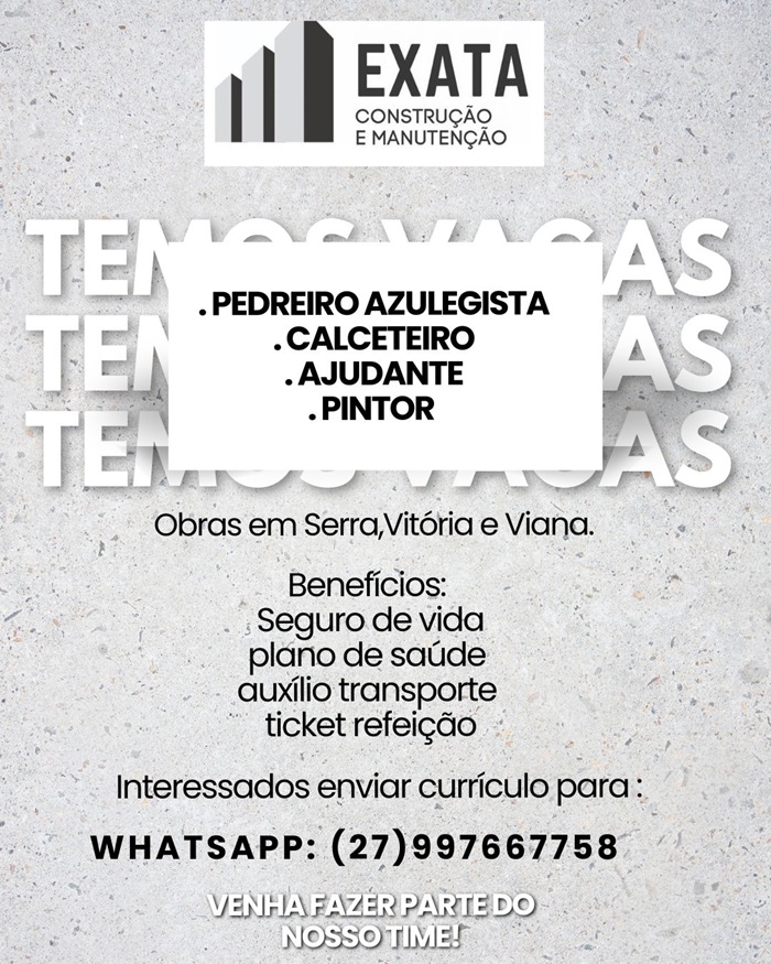 VAGAS PARA PEDREIRO AZULEGISTA, CALCETEIRO, AJUDANTE E PINTOR 