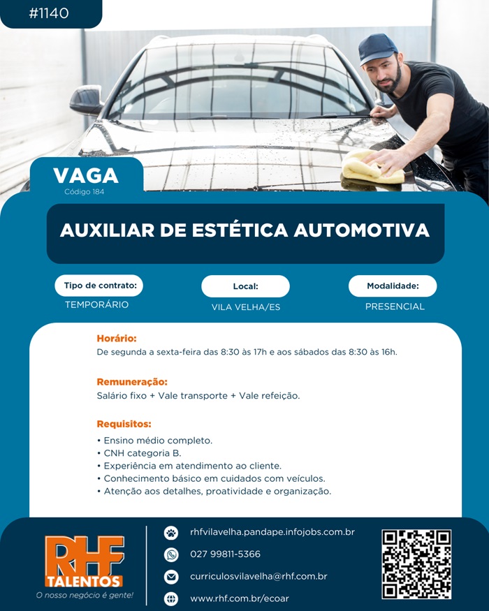 Vaga para Auxiliar de Estética Automotiva