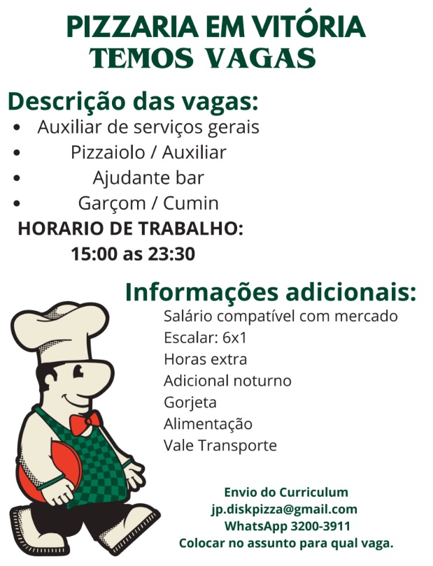 Disk Pizza Paulista Vitória abre diversas vagas de emprego