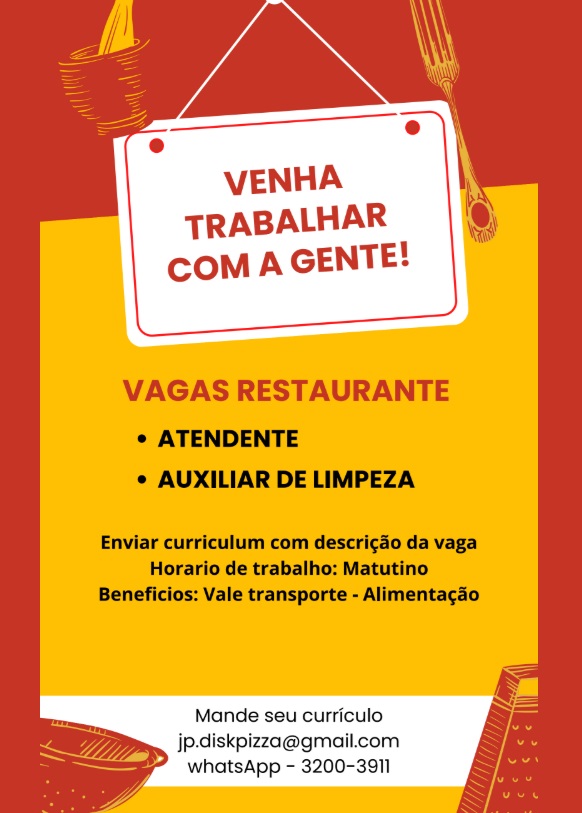 VAGAS DE ATENDENTE E AUXILIAR DE LIMPEZA