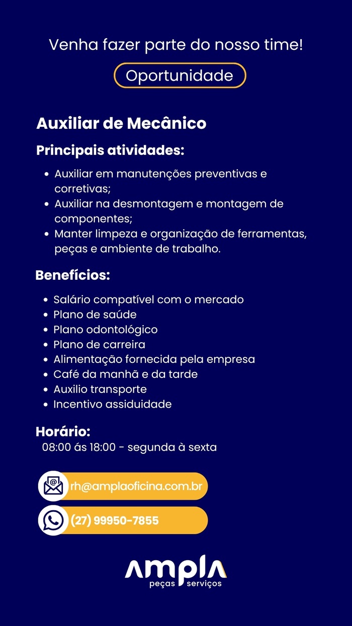 Vaga para Auxiliar de Mecânico