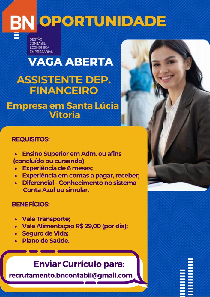 VAGA DE ASSISTENTE DEP. FINANCEIRO