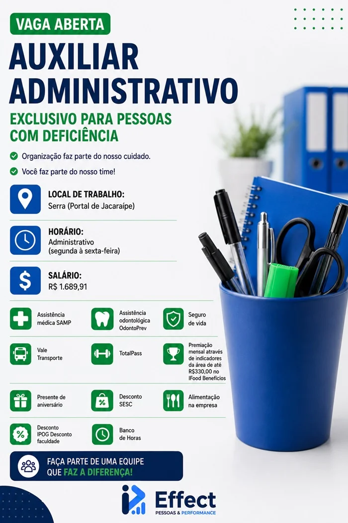 VAGA ABERTA: AUXILIAR ADMINISTRATIVO PCD