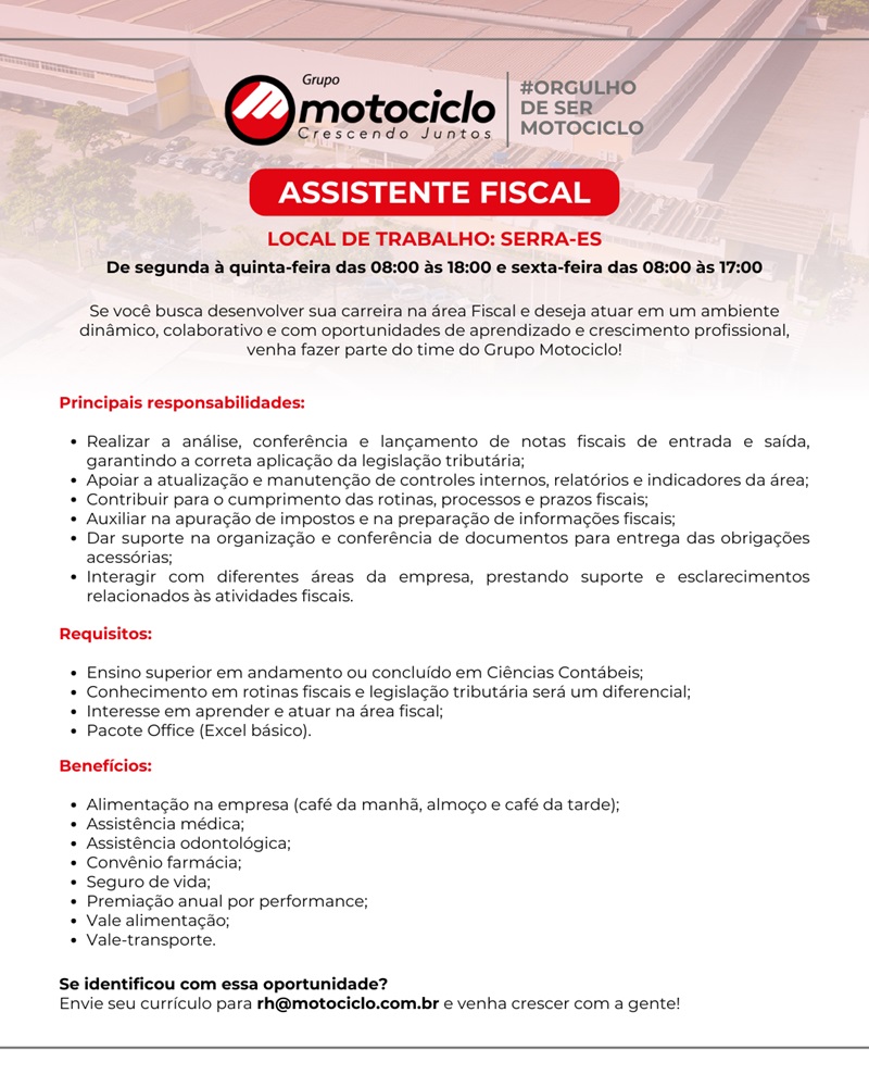 Grupo Motociclo contrata Assistente Fiscal