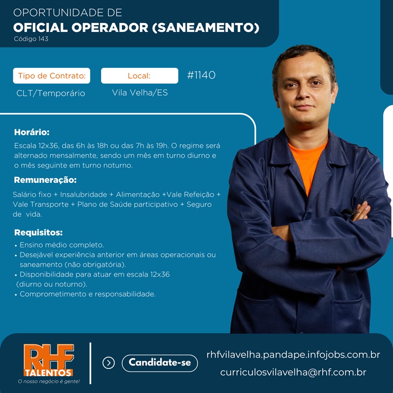 Vaga para Oficial Operador (Saneamento)