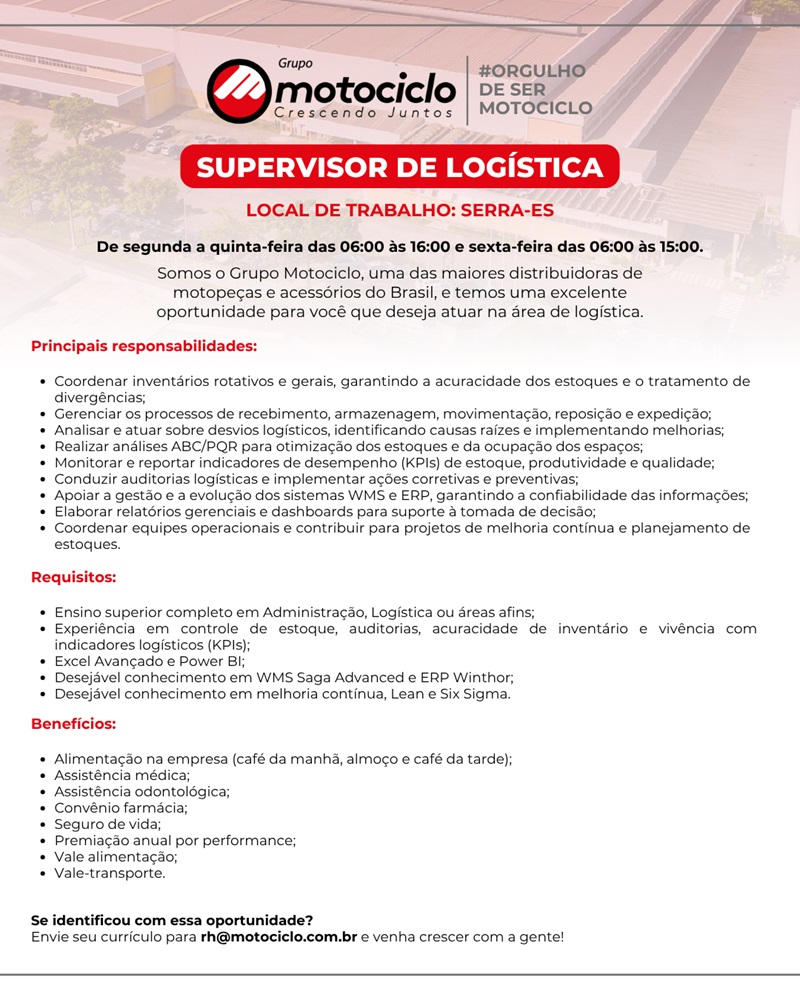 Grupo Motociclo contrata Supervisor de Logística