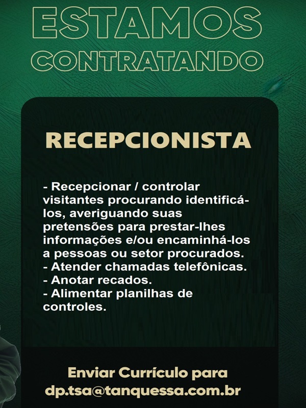 VAGA DE RECEPCIONISTA