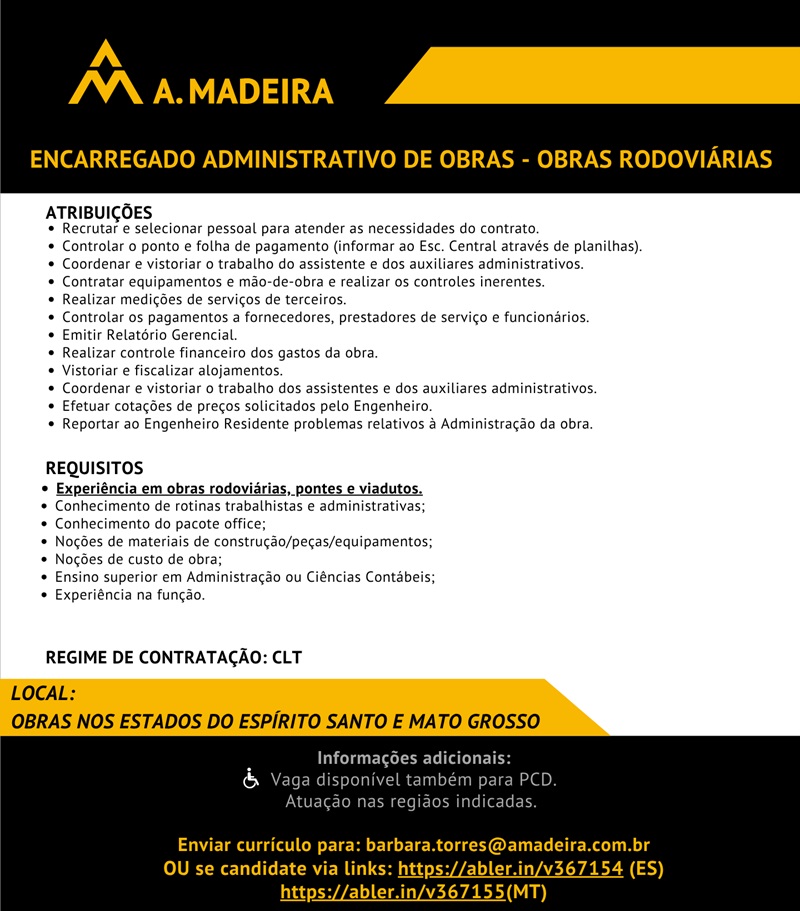 Grupo A. Madeira contrata Encarregado Administrativo de Obras