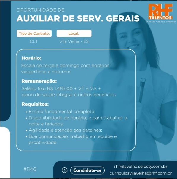 Vaga de Auxiliar de Serviços Gerais.