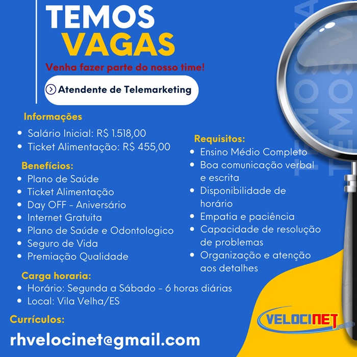 Velocinet contrata Atendente de Telemarketing