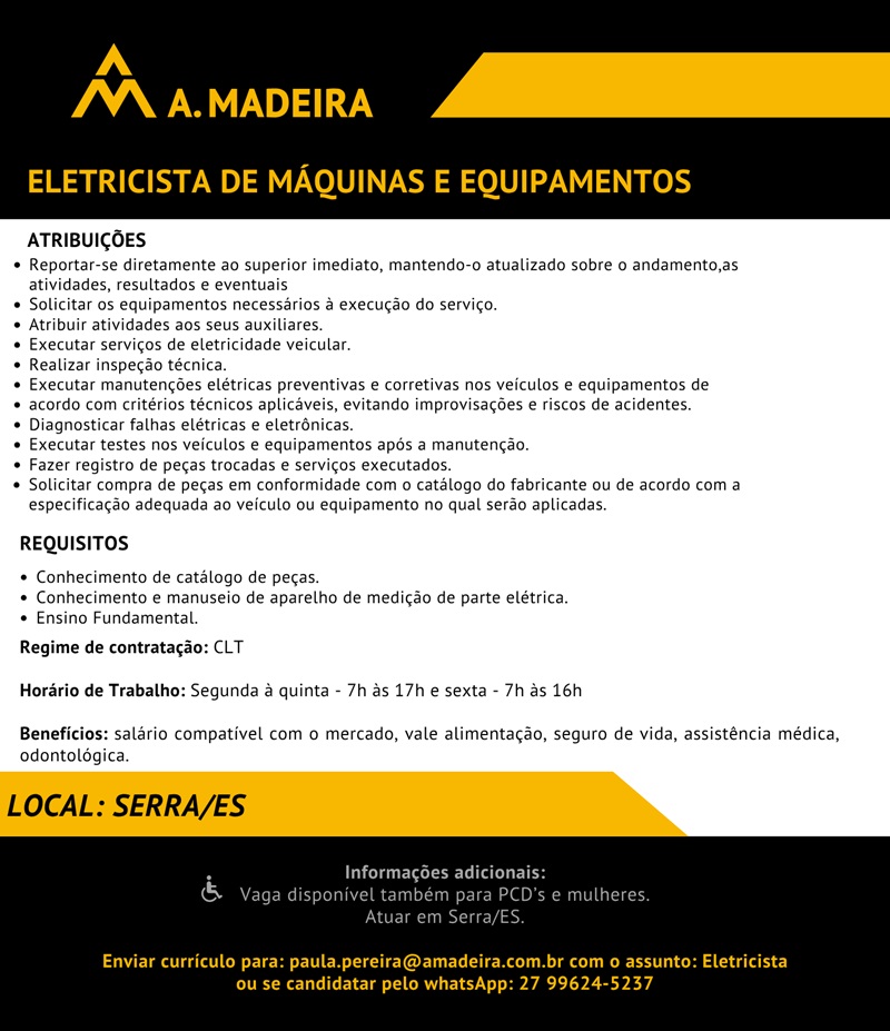 Grupo A. MADEIRA contrata Eletricista de Máquinas e Equipamentos