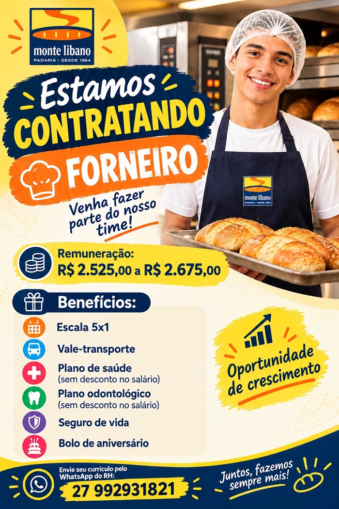 Padaria Monte Libano contrata Forneiro