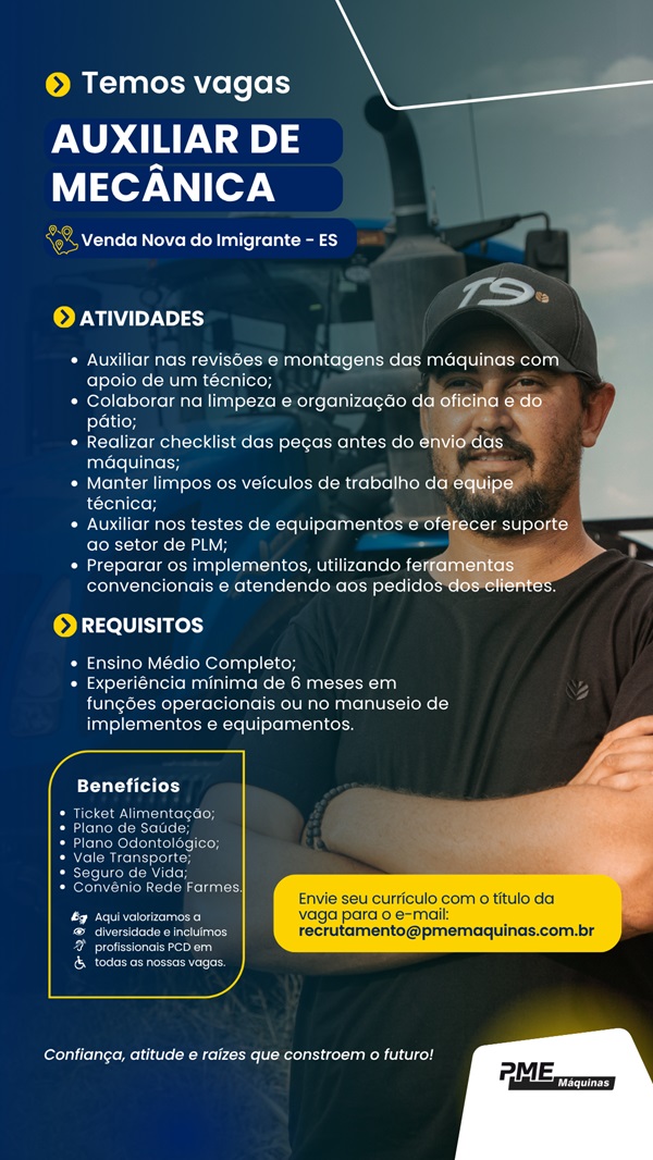 PME Máquinas contrata Auxiliar de Mecânica (Venda Nova do Imigrante - ES)