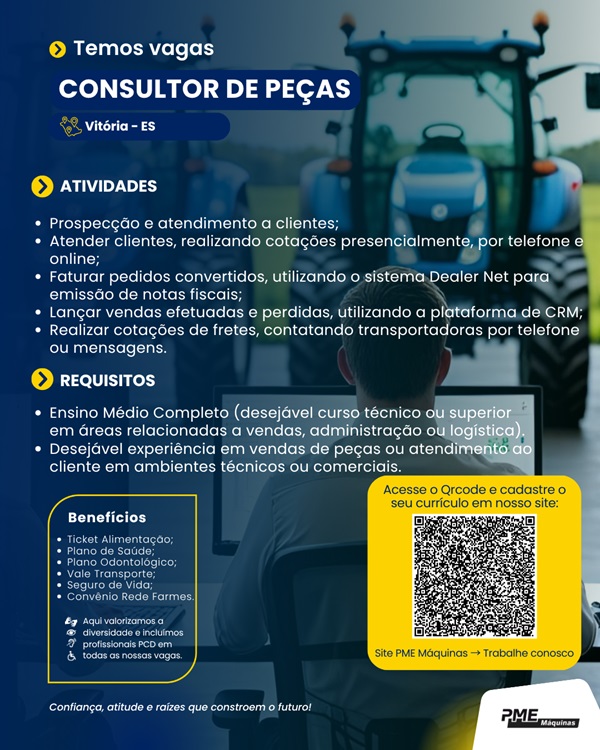 PME Máquinas contrata Consultor de Vendas (Vitória)