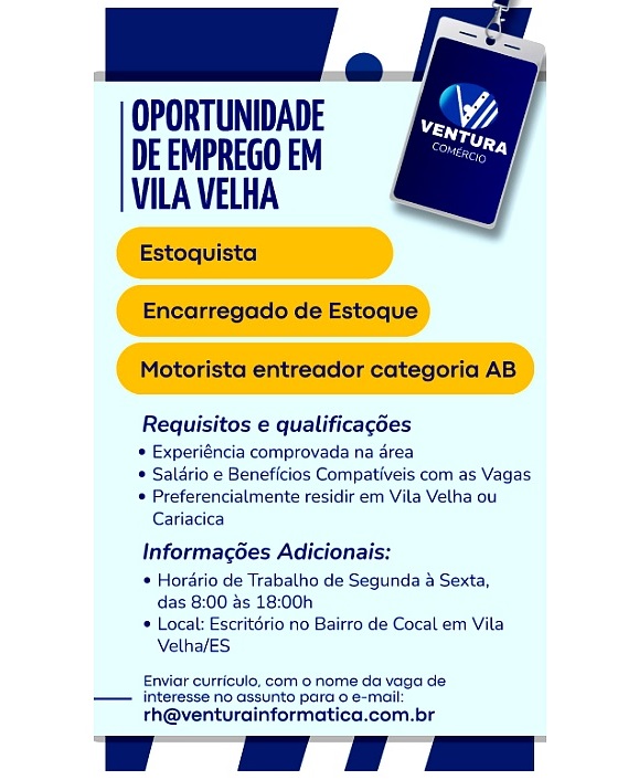 Vagas de Estoquista / Encarregado de Estoque / Motorista Entregador (Categoria AB)