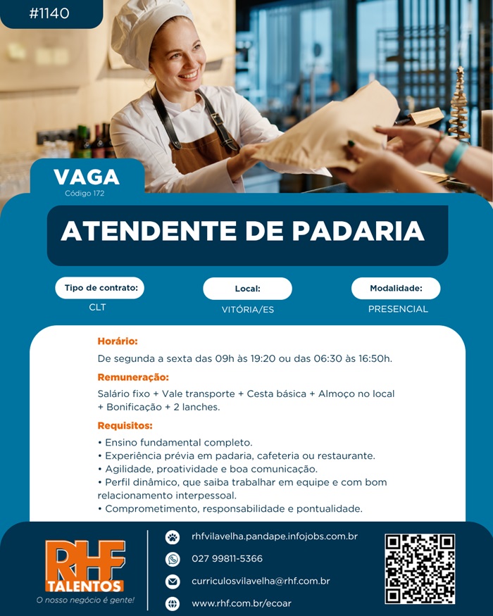 Vaga para Atendente de Padaria