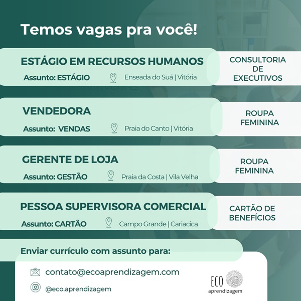 Eco Aprendizagem oferta diversas vagas de emprego