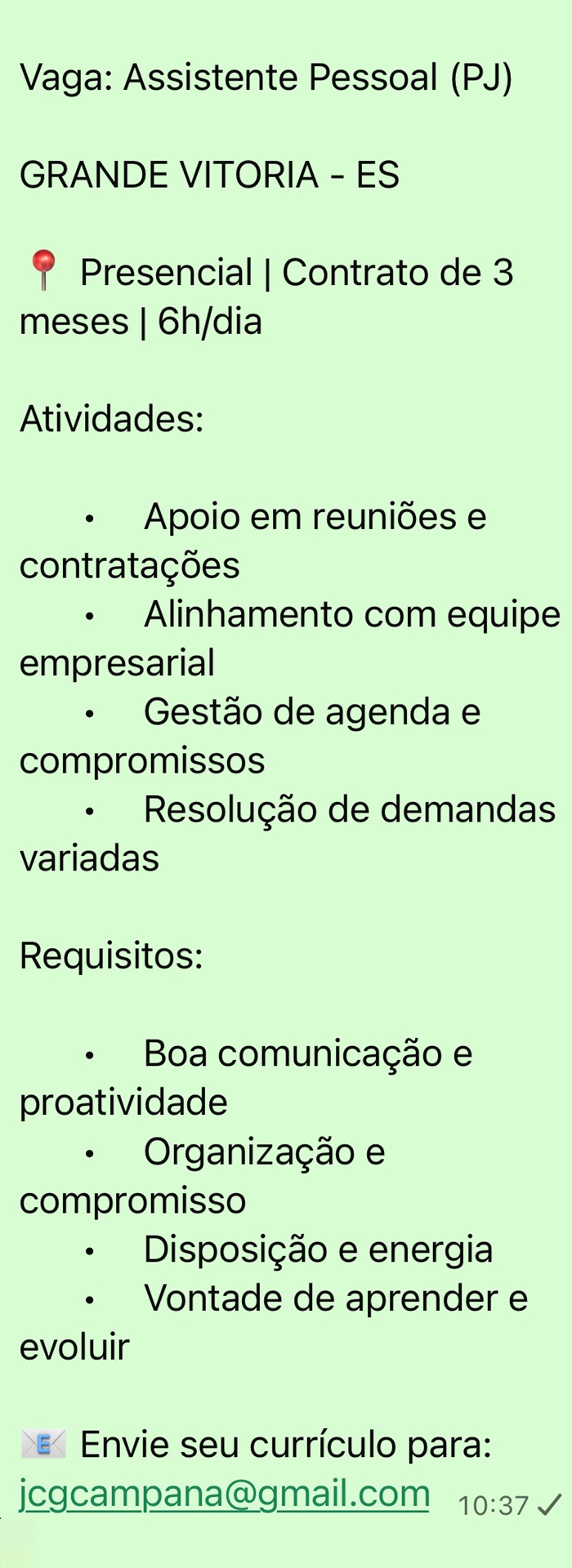 Vaga para Assistente Pessoal (PJ)
