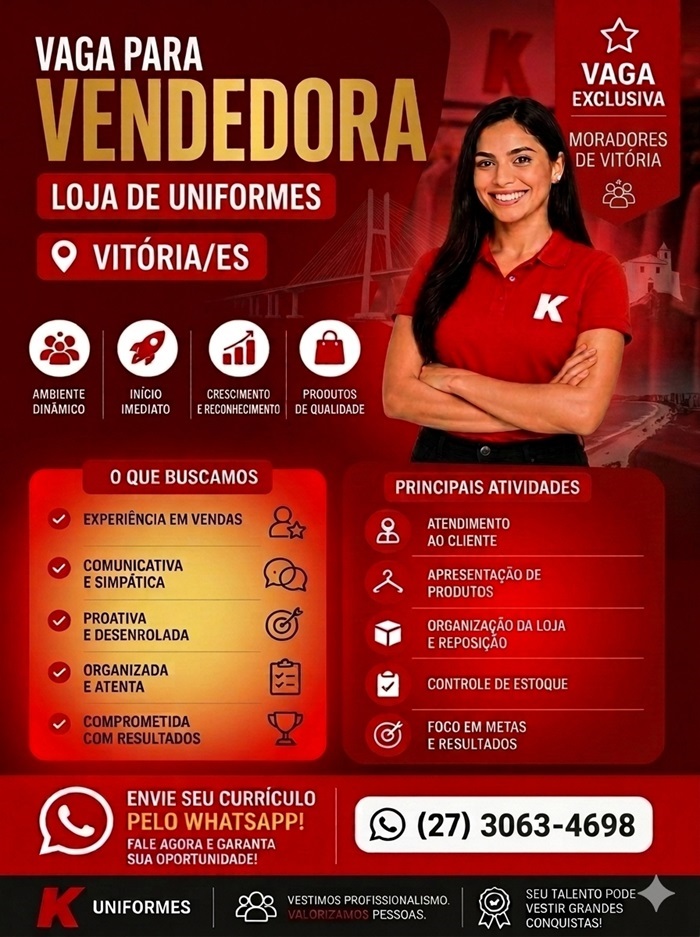 VAGA PARA VENDEDORA | LOJA DE UNIFORMES