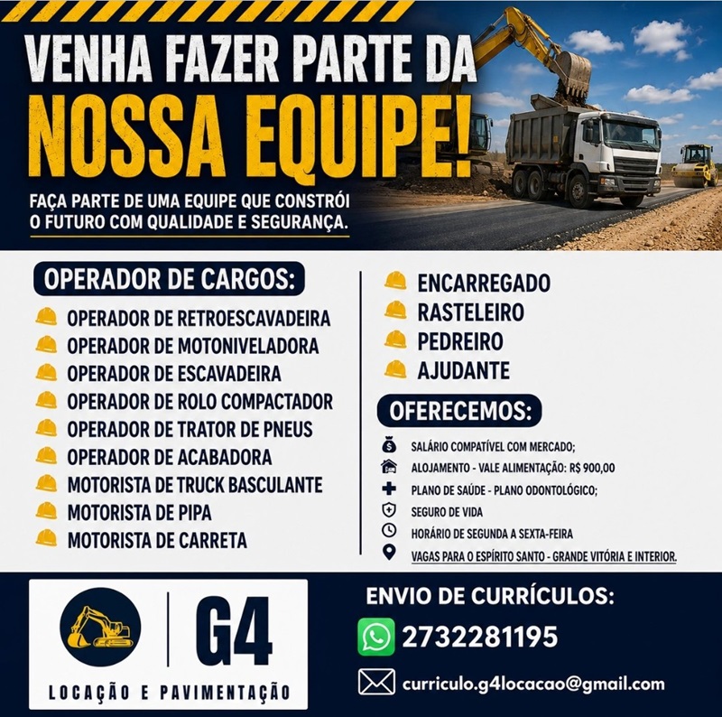 G4 Locação e Pavimentação abre vagas para Operadores, Motoristas e profissionais da Construção Civil no ES