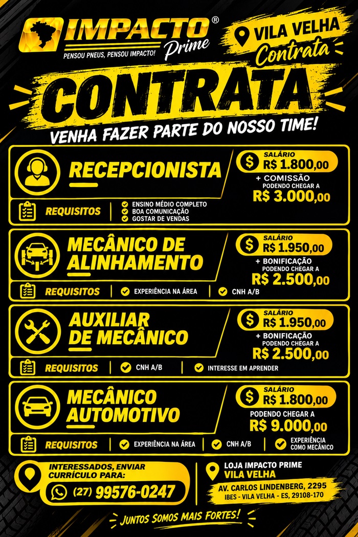 Impacto Prime - Vila Velha abre vagas de Emprego