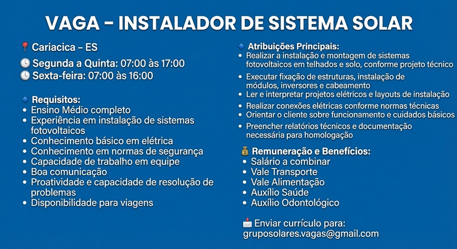 VAGA – INSTALADOR DE SISTEMA SOLAR