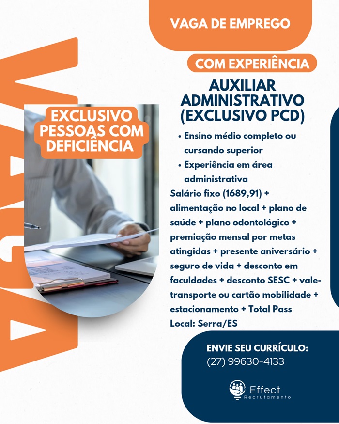 VAGA DE AUXILIAR ADMINISTRATIVO PCD